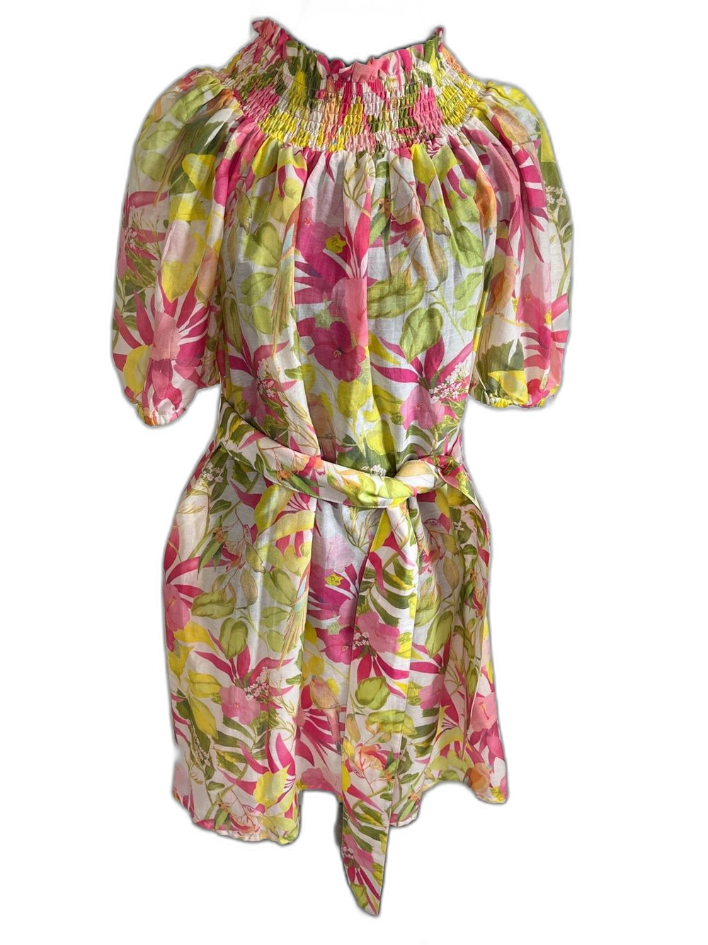 Roller Rabbit Imza Ainsley Floral Smocked Neck Puff Sleeve Dress Tropical Sz L